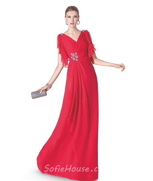 Graceful Sheath V Neck Red Chiffon Ruffle Beaded Long Evening Prom Dress 