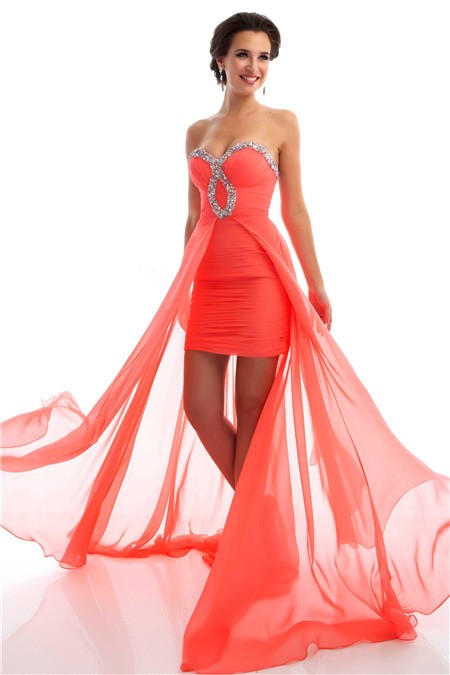 High Low Strapless Coral Chiffon Beaded Homecoming Party Prom Dress