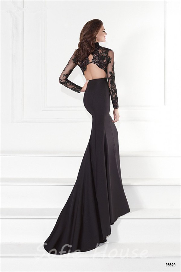 High Neck Open Back Black Satin Lace Sleeve Two Piece Prom Dress