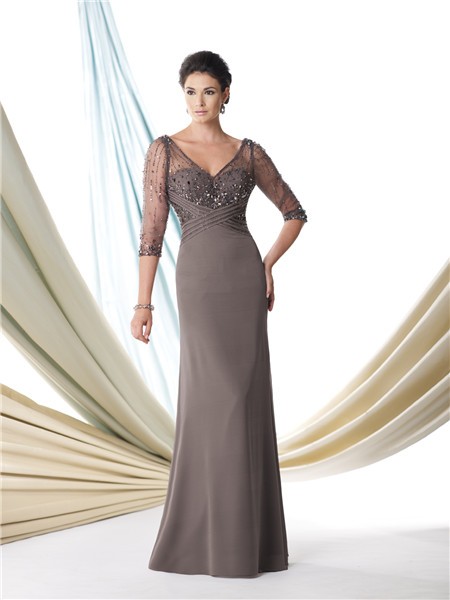 Illusion V Neck Grey Chiffon Beaded Sleeve Mother Of The Bride Formal