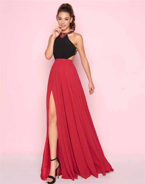 Jewel Neckline Side Cut Out Open Back Black And Red Chiffon Prom Dress ...