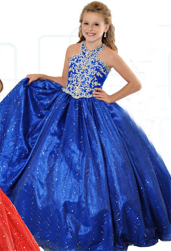 Lovely Ball Gown Halter Royal Blue Organza Beaded Girl Party Prom Dress