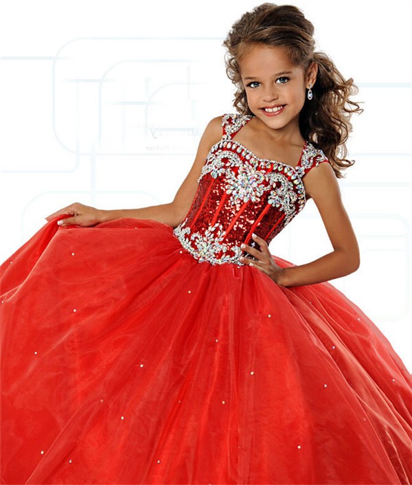 Lovely Ball Gown Red Tulle Beaded Girl Pageant Prom Dress