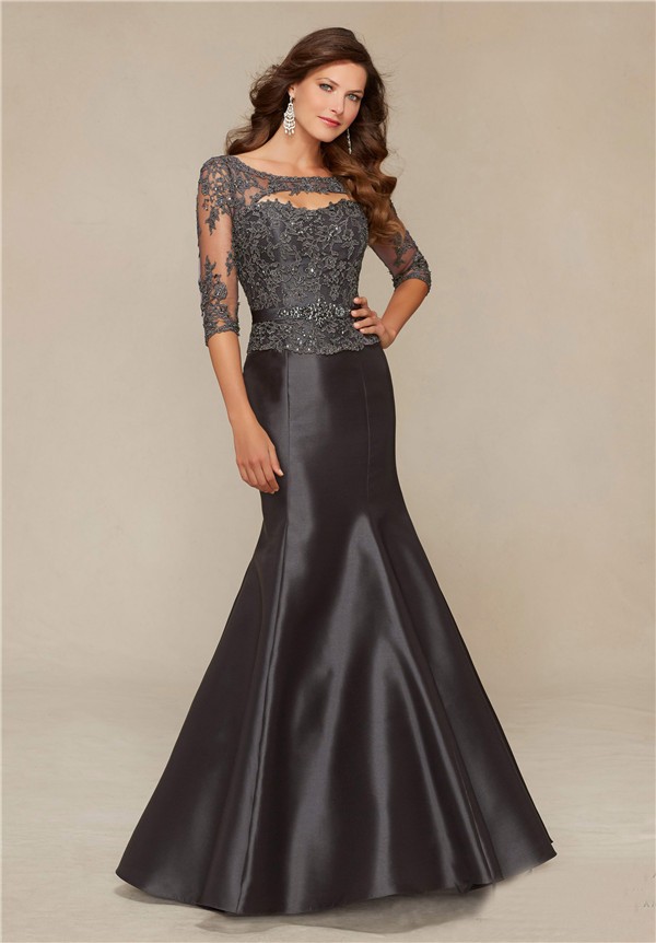 Mermaid Front Cut Out Charcoal Grey Satin Lace Beaded Evening Prom ...