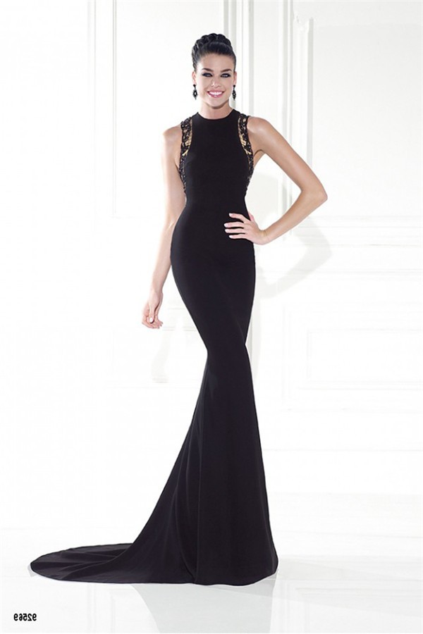 Mermaid High Neck Black Satin Lace Special Occasion Evening Dress With ...