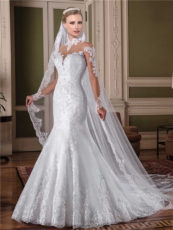 Mermaid High Neck Illusion Back Sheer Long Sleeve Tulle Lace Glitter Wedding Dress With Collar