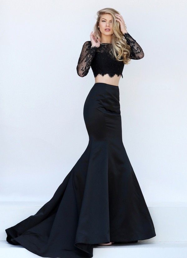 black long sleeve two piece dress