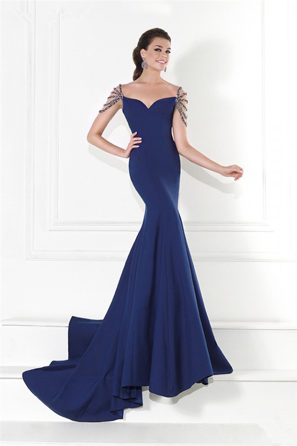 Mermaid Off The Shoulder Sweetheart Navy Blue Satin Evening Prom Dress With Straps