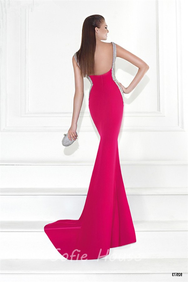 Mermaid Plunging Neckline Open Back Hot Pink Satin Beaded Prom Dress ...
