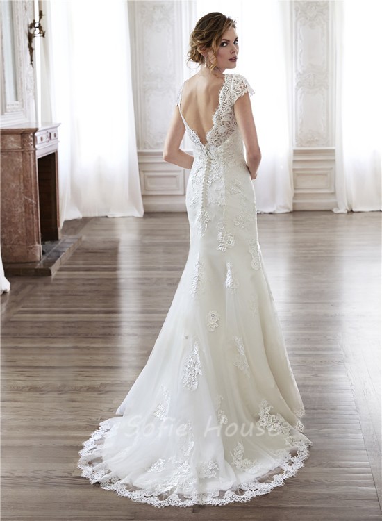 Mermaid Scalloped Neckline Open Back Vintage Lace Wedding Dress With Cap Sleeves