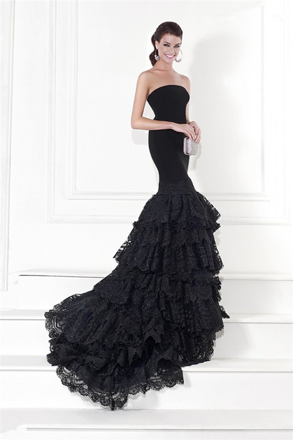 Mermaid Black Strapless Sleeveless Floor-length Prom Dress 
