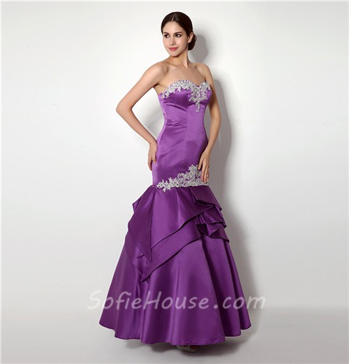 Mermaid Strapless Purple Satin Layered Evening Prom Dress With Appliques 1117