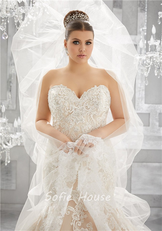 Mermaid Sweetheart Champagne Tulle Lace Plus Size Wedding Dress With ...