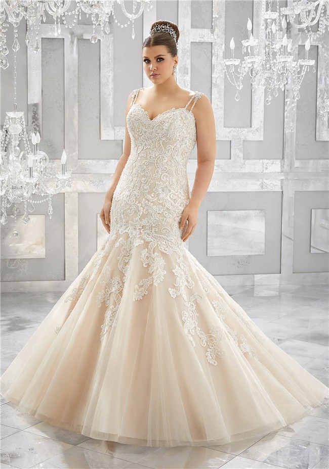 Mermaid Sweetheart Champagne Tulle Lace Plus Size Wedding Dress With Spaghetti Straps