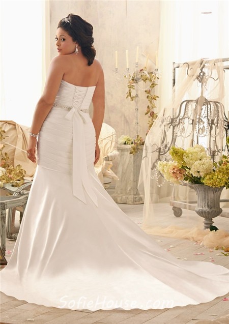 Mermaid Sweetheart Corset Back Ruched Satin Plus Size Wedding Dress