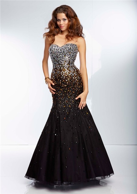 Mermaid Sweetheart Long Black Organza Silver Gold Ombre Beaded Prom ...