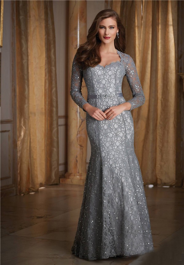 Mermaid Sweetheart Long Sleeve Silver Lace Beaded Formal Occasion Evening Dress With Sash