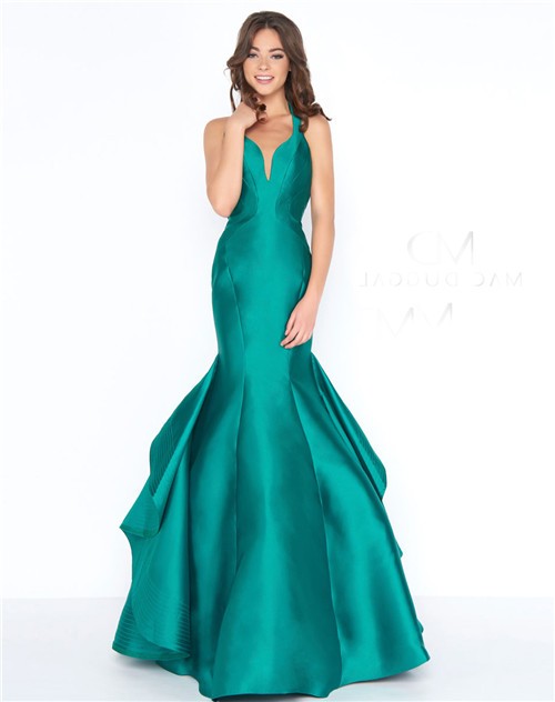 Mermaid Sweetheart Open Back Emerald Green Satin Ruffle Evening Prom Dress