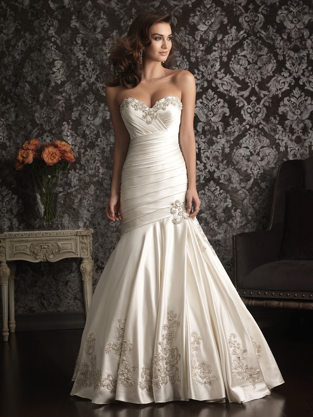 Mermaid Sweetheart Satin Ruched Wedding Dress With Embroidery Beading Crystals