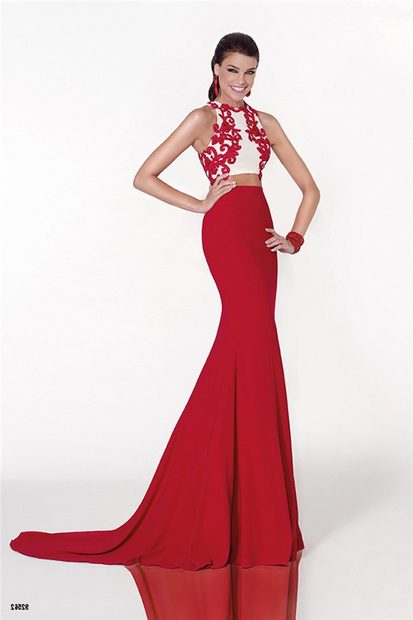 Mermaid Two Piece Red Jersey Embroidery Formal Occasion Evening Dress