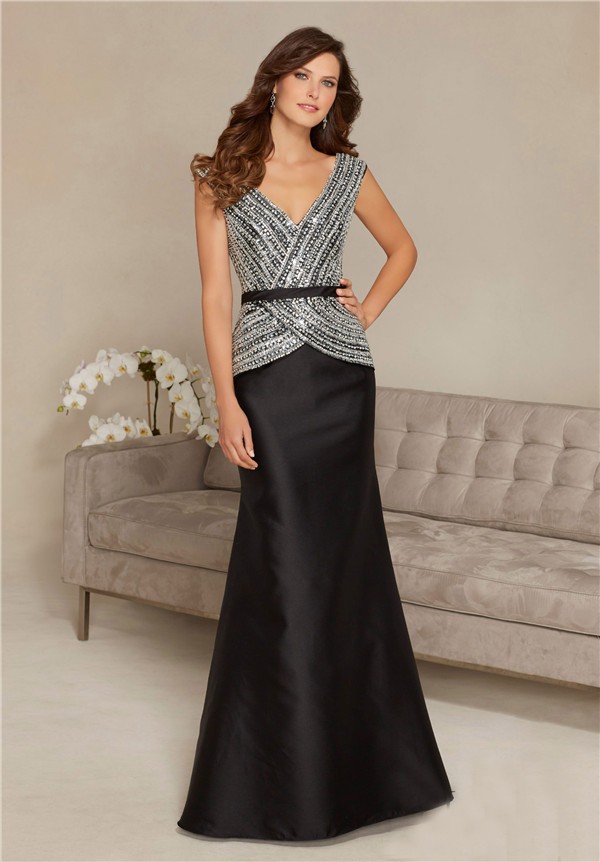 Mermaid V Neck Black Satin Beaded Mother Of The Bride Evening Dress With Sash