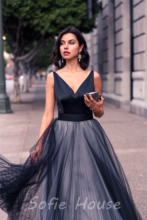 Modern A Line V Neck Long Navy Satin Tulle Pleated Prom Dress