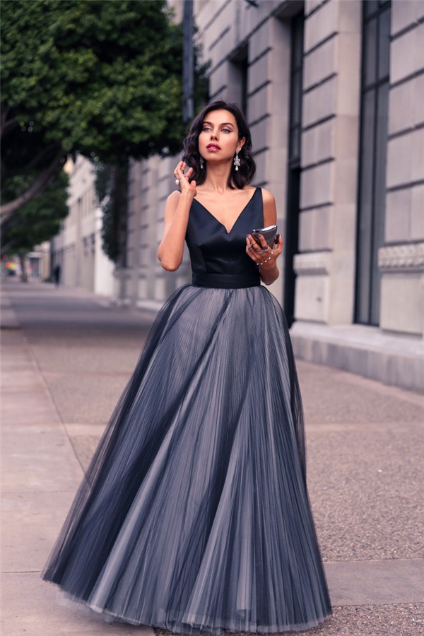 Modern A Line V Neck Long Navy Satin Tulle Pleated Prom Dress