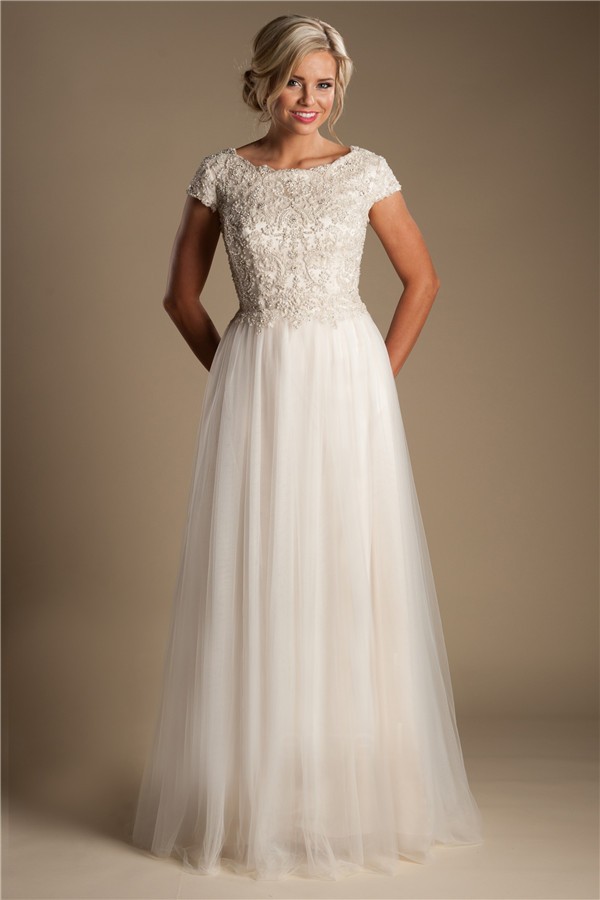 Modest A Line Champagne Colored Tulle Beaded Wedding Dress