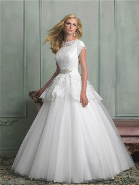 Modest A Line High Neck Cap Sleeve Lace Tulle Peplum Wedding Dress With Crystal Belt 5297