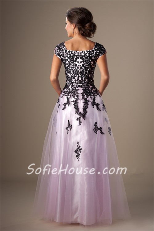 Modest A Line Long Pink Tulle Black Lace Prom Dress With Sleeves