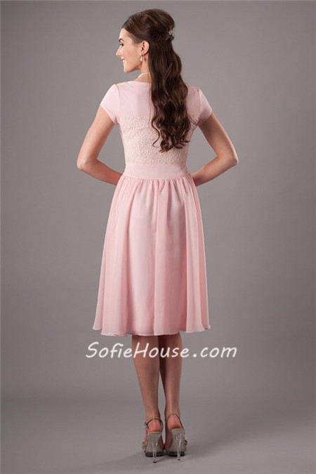 Modest A Line Scoop Neck Light Pink Chiffon Lace Bridesmaid Dress