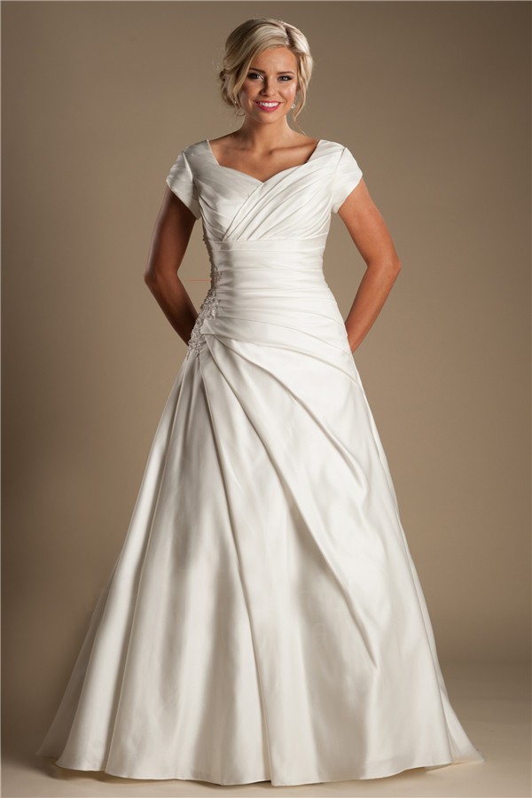 Modest A Line Sleeve Ivory Satin Draped Wedding Dress With Buttons Train