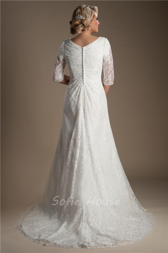 Modest A Line V Neck Three Quarter Sleeve Lace Beaded Wedding Dress
