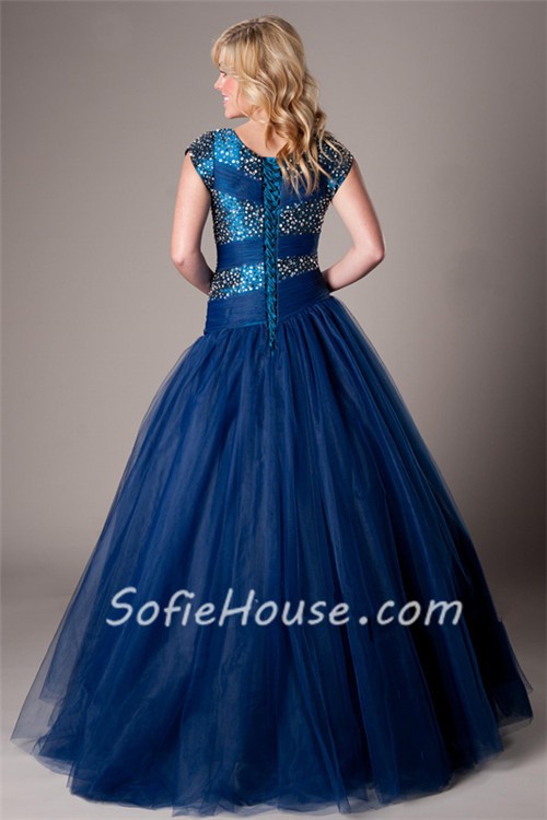 Modest Ball Gown Cap Sleeve Navy Blue Tulle Beaded Corset Evening Prom ...