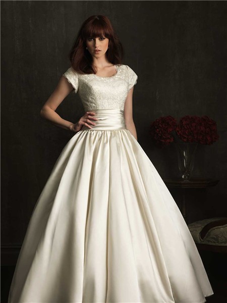 Modest Ball Gown Scoop Neck Cap Sleeve Lace Satin Ruched Wedding Dress ...