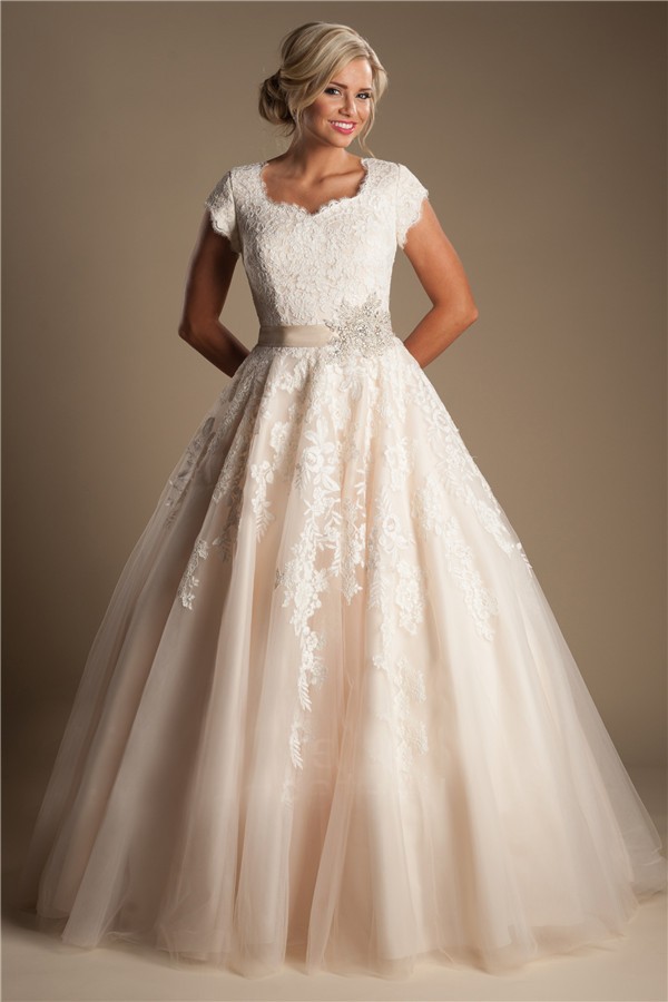 Modest Ball Gown Short Sleeve Champagne Colored Lace Wedding Dress With Sash