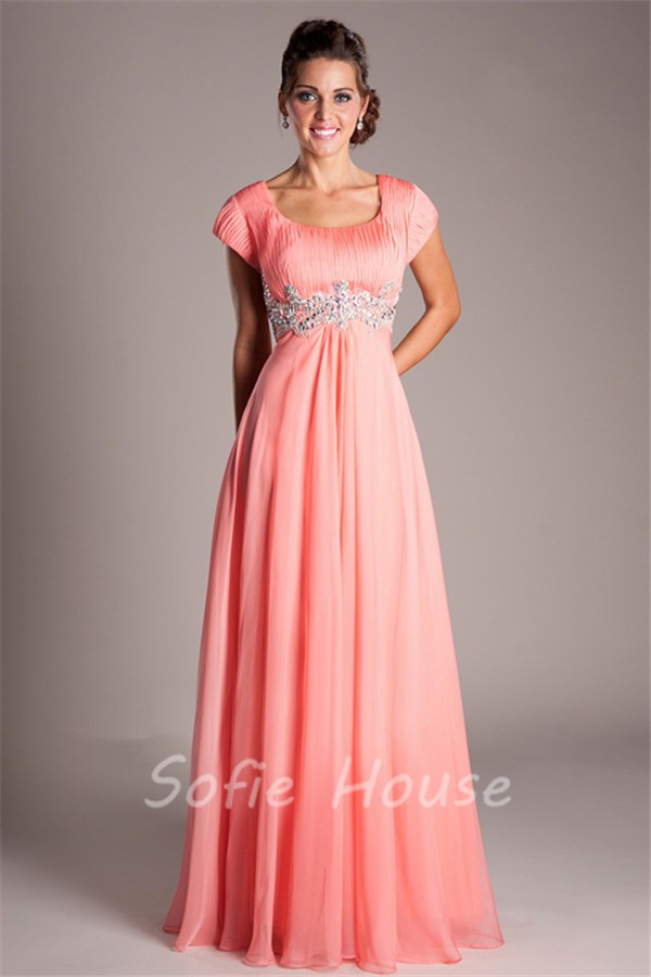 Modest Empire Waist Long Coral Chiffon Beaded Prom Dress With Sleeves