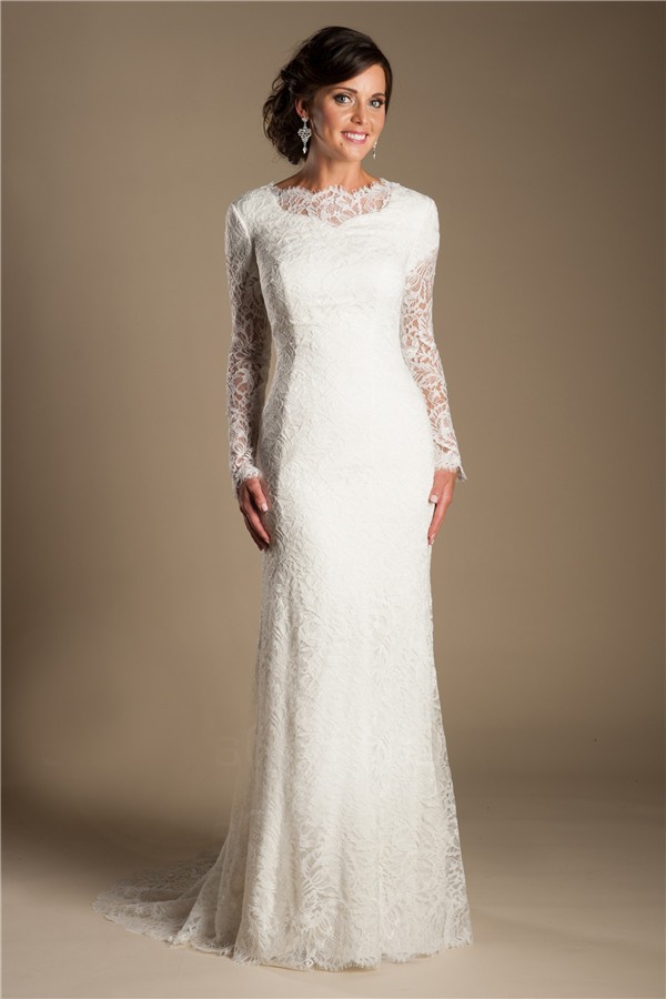 Modest Mermaid High Neck Long Sleeve Vintage Lace Wedding Dress Sweep Train