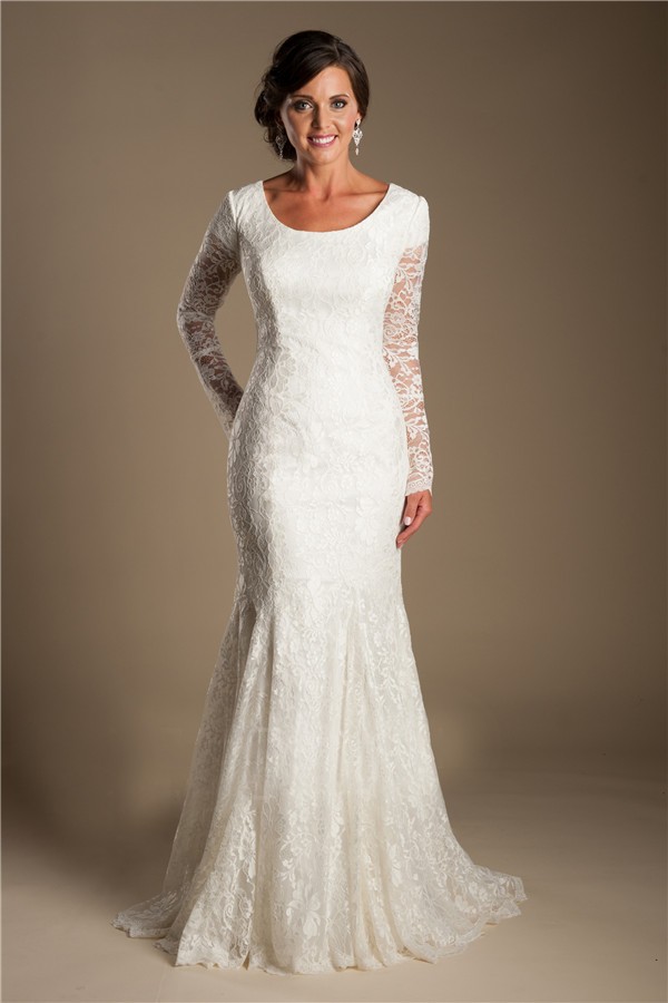 Modest Mermaid Scoop Neck Long Sleeve Lace Wedding Dress With Buttons 9768