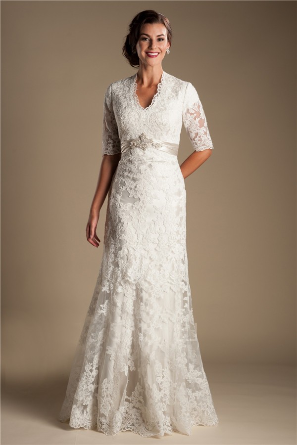 Modest Mermaid Short Sleeve Lace Wedding Dress With Crystals Belt