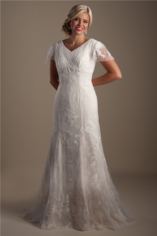 Modest Mermaid V Neck Vintage Lace Beaded Wedding Dress With Sleeves