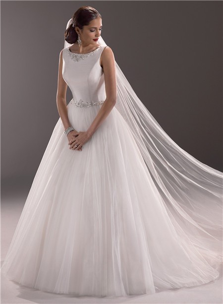 Modest Princess Ball Gown Bateau Neck Satin Tulle Wedding Dress With 4716