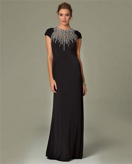 Modest Sheath High Neck Cap Sleeve Long Black Chiffon Beaded Formal Evening Dress 3152