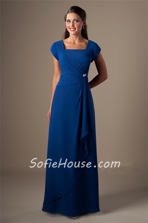 Modest Sheath Square Neck Cap Sleeve Royal Blue Bridesmaid Dress