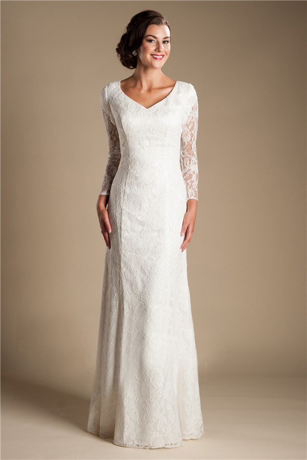 Modest Sheath Sweetheart Long Sleeve Lace Wedding Dress
