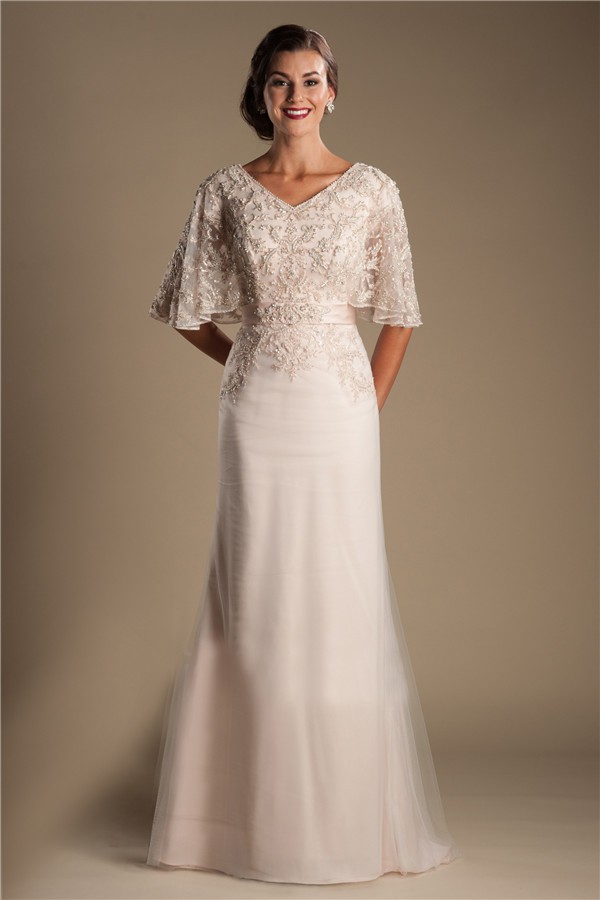 Modest V Neck Flutter Sleeve Champagne Tulle Lace Beaded Wedding Dress