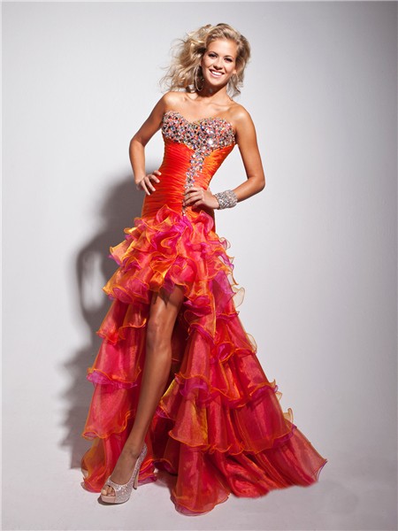 New High Low Sweetheart Long Orange Multi Color Prom Dress With Beading