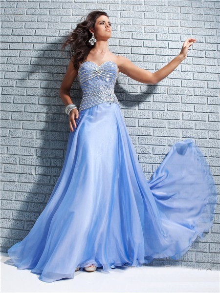 New Sweetheart Long Blue Chiffon Sparkle Party Prom Dress With Beading
