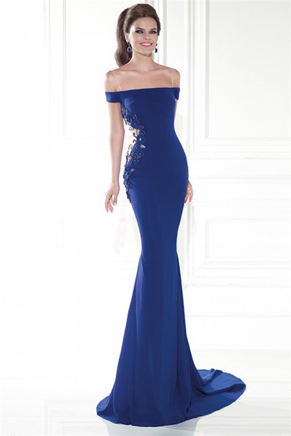 Off The Shoulder Royal Blue Satin Applique Evening Occasion Dress With ...