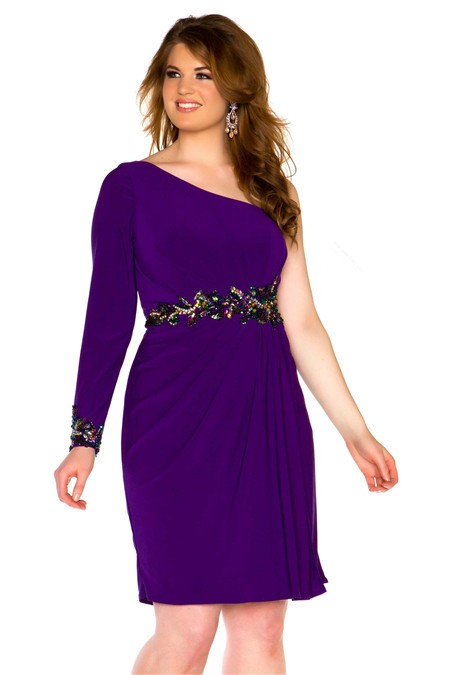 One Shoulder Short Purple Chiffon Beaded Plus Size Cocktail Prom Dress